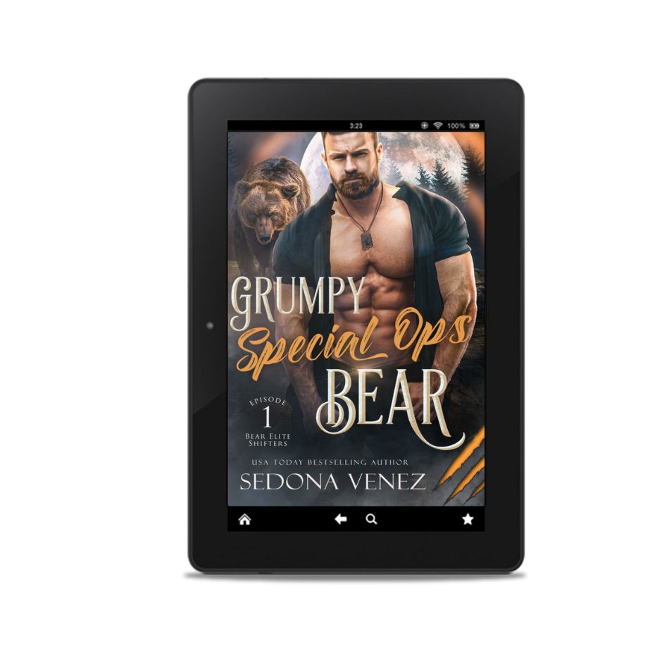 E-reader displaying a book cover with a man and bear on a white background