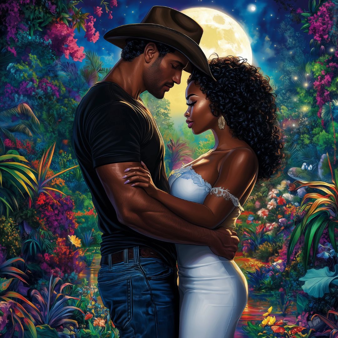Couple embracing in a fantasy forest with a full moon