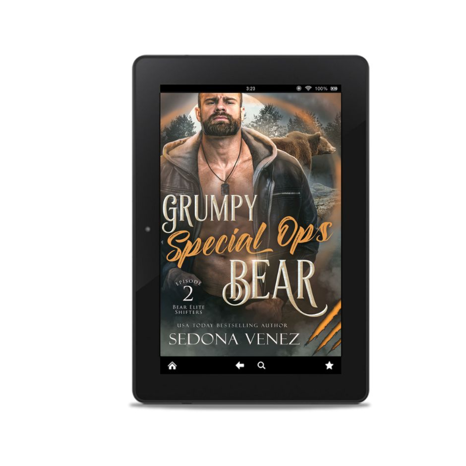 E-reader displaying a book cover titled 'Grumpy Special Ops Bear' by Sedona Venez on a white background